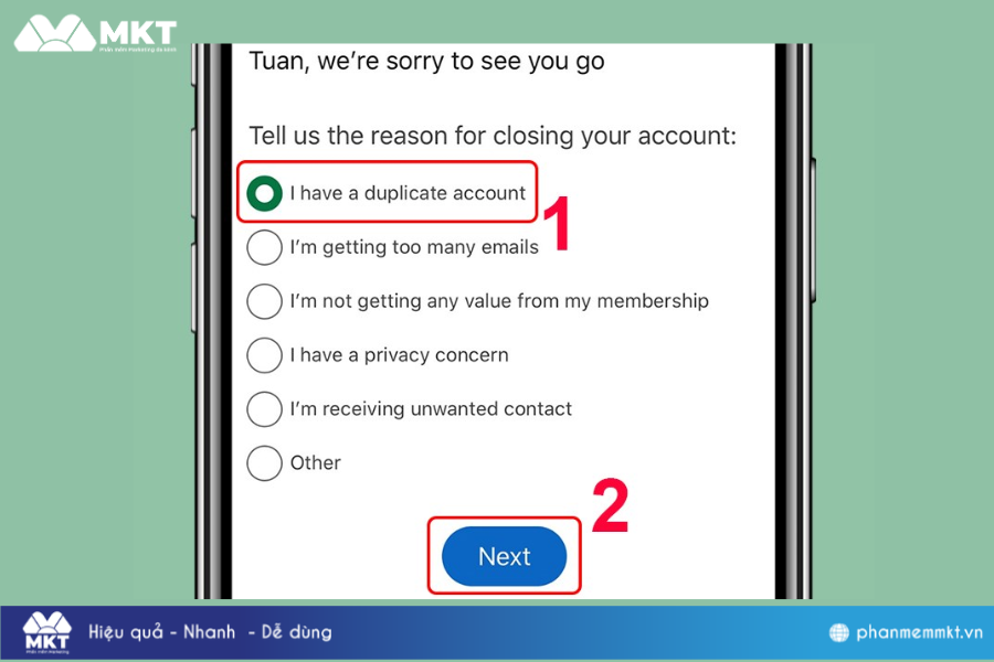 Chọn lý do xóa tài khoản > Chọn Next. Xóa tài khoản LinkedIn